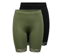 JDY Damen 2X Kurze Capri Leggings Hose JDYSALLY LACE High Waist Shorts Set Stretch Baumwolle mit Spitze, Farben:Schwarz-Grün, Größe:S