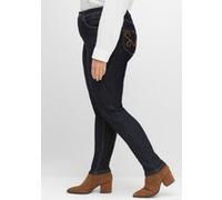 Stretch-Jeans SHEEGO, Damen, Gr. 104, Langgrößen, blau (blau schwarz denim), 75% Baumwolle, 24% Polyester, 1% Elasthan, unifarben, lang, Jeans (60535943-104) blau schwarz denim
