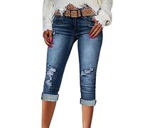 Jeans Damen 3/4 Länge Stretch High Waist Skinny Jeanshose Damenjeans Capri Stretchjeans Schmal Geschnittene Denim Hose Straight Leg Sommerjeans Mit Taschen Frayed Raw Hem Denimhose