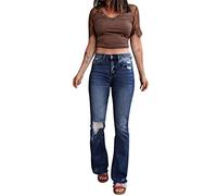 Jeans Damen High Waist - Jeans Damen Sommer Stretch Jeanshose Damen Lang mit Löchern Skinny Schlaghose Stretch Knöpfen Reißverschluss Denim Hose Boyfriend Flared Zerrissene Jeans Hosen Frauen