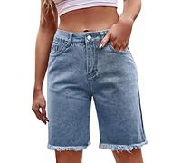 Jeans Damen, Jeans Damen Kurz Low Waist Straight Bermuda Jeans Roher Saum Denim Shorts Sommer Casual Jeanshose Hotpants Wide Leg Jeans Short Frauen Kurze Stretch Streetwear Jeansshorts