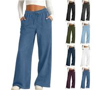 Jeans Damen Weites Bein Pull On Wide Leg Jeans mit Gummibund Stretch High Waist Jeanshosen Hohe Taille Denim Hose Damenjeans Fashion Baggy Pants Frauen mit Taschen Casual