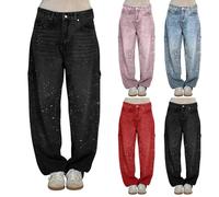 Jeans Denim mit Strass Hose Glitzer Casual Haremshose Glitzer Hose Straight Loose Hose Glitzer Jeans Lose Oversize Hohe Taille Glitzer Lang Elastisch Breit