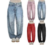 Jeans Denim mit Strass Hose Glitzer Casual Haremshose Glitzer Hose Straight Loose Hose Glitzer Jeans Lose Oversize Hohe Taille Glitzer Lang Elastisch Breit