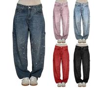 Jeans Denim mit Strass Hose Glitzer Casual Haremshose Glitzer Hose Straight Loose Hose Glitzer Jeans Lose Oversize Hohe Taille Glitzer Lang Elastisch Breit