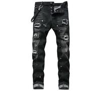 Jeans Herren Stickerei Denimhose mit Destroyed Bein in Distressed Optik Lässige Schmal Geschnittene Gerade Biker Jeans Entspannte Bequeme Zerrissene Jeanshose