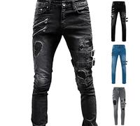 Jeans Herren Stretch Slim Fit Destroyed Hose Jeanshose Skinny Ripped Hip Hop Hose für Männer Zerrissene Distressed Denim Pants Casual Reißverschluss Jeans Freizeithose