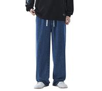 Jeans Herren Wide Leg,Straight Leg Jeanshose Herren,Denim Hose Mit Weitem Bein,Gewaschene Vintage Freizeithose,Locker Passform Jeanspants,Skateboard Hosen Mit Kordelzug,Elastische Freizeithose