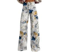Jeans High Waist Damen Wide Leg Pants Woman High Waist Floral Patterned Pants Lightweight Loose Fit Casual Colorful Trouser Imitation Jeans Jeanshosen Für Frauen 46 Must Haves