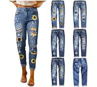 Jeans Hose Damen High Waist Jeanshose Bedruckte Jeans Mädchen Blumen Gerader Schnitt Straight-Fit Jeans Stretch Pants Patch Torn Denim Skinny Hosen (as3, Alpha, xx_l, Regular, Regular, Grün)