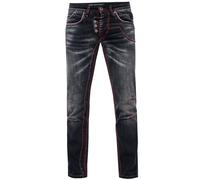 Jeans Hose "RUBEN" Black Used mit Neon Roter Ziernaht 29W/32L