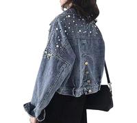 Jeans Jacken Für Damen,Damen Jeansjacke Mit Normaler Passform Perlen Perlen Jeansjacke Leichter Lässiger Knopfmantel Blauer Revers Denim Kurzjackenmantel Für Mädchen Distresse Jeansjacke Herbst Früh