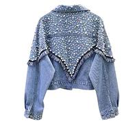 Jeans Jacken Für Damen,Damen Jeansjacke Von Heavy Industry Mit Nieten Und Perlen Quaste Ausgewaschene Jeans Shacket Distressed Denim Trucker Abgeschnittener Cardigan Mantel Western Outwear Für Mädch