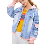 Jeans Jacken Für Damen,Damen Lose Gewaschene, Zerrissene Jeansjacke Mit Kapuze, Lässige Cargo-Patchwork-Rosa-Fake-Two-Jeansjacke, Mantel, Boyfriend-Jacke, Cardigan, Parka, Mantel Für Herbst, Frü