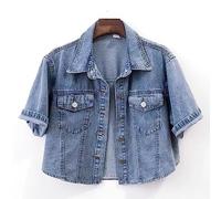 Jeans Jacket Damen, Damen-Jeansjacke Kurzärmelig Vintage-Stil Distressed-Revers Knopfleiste Verkürzter Jeansmantel Sommer Modische Waschung Verblasste Jean-Biker-Mantel Oberteile Für Damen Und M