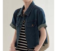 Jeans Jacket Damen, Damen-Jeansjacke Kurzärmelig Vintage-Stil Distressed-Revers Knopfleiste Verkürzter Jeansmantel Sommer Modische Waschung Verblasste Jean-Biker-Mantel Oberteile Für Damen Und M