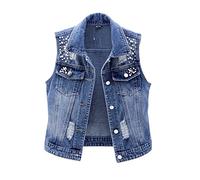 Jeans Jacket Damen, Damen-Jeansweste Jacke Dunkelblau Zerrissen Distressed Perlen Ärmellos Button-Up Western-Jeansjacke Modische Waschung Verblasste Denim-Gilet Lässige Lockere Oberbekleidung Ober