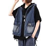 Jeans Jacket Damen, Damen-Jeansweste Mit Kapuze Blaue Waschung Verblasst Ärmellos Button-Up-Jeans-Truckerjacke Vintage-Jeansweste Im Used-Look Pattentasche Lässige Lockere Denim-Outwear-Oberteile