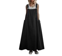 Jeans Latzkleid Damen Jeanskleid Damen Knielang Loose Trägerkleid Hohltaschenkleid mit Taschen Lose Latzrock Lang Trägerrock Elegant Knielang Jeansrock Overall Volant Jeanskleid (03-Black, L)