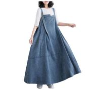 Jeans Latzkleid Damen Jeanskleid Damen Knielang Loose Trägerkleid Hohltaschenkleid mit Taschen Lose Latzrock Lang Trägerrock Elegant Knielang Jeansrock Overall Volant Jeanskleid (05-Light Blue, XL)