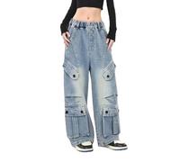 Jeans Mädchen 140, Sommerhose Mädchen, Baggy Jeans Cargohose Hoher Taille Cargo Hose Weites Bein Jeanshose Wide Leg Hip Hop Streetwear Y2K Jean Hosen Mit Mehreren Taschen Klamotten Teenager