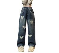 Jeans Mädchen,Schlaghose Jeans,Girls Straight for Middle and Large Children Retro Ripped Love Wide Leg Pants Trendy Loose Casual Trousers Baby Leggings Winter (Blue, 12-14 Years)