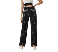 Jeans mit Strass, hohe Taille, elastisch, für Damen, mit geradem Bein, weit, lockere Passform, lässig, ausgestellt, Vintage, Used-Effekt, Stretch, sehr dehnbar, für Yoga, Fitness, Sport, C schwarz