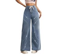 Jeans mit Strass, hohe Taille, elastisch, für Damen, mit geradem Bein, weit, lockere Passform, lässig, ausgestellt, Vintage, Used-Effekt, Stretch, sehr dehnbar, für Yoga, Fitness, Sport, H: Blau