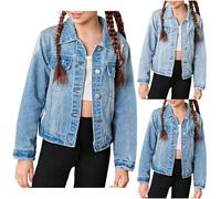 Jeans Revers Jacket Mädchen Y2k Jeansjacke Langarm Denim Jacken Mode Jeansmantel Leichte Lässige Denim Jacken Übergangsjacke mit Knöpfen (Blue, 10-11 Years)