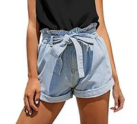 Jeans Shorts Damen, Kurze Hose Damen High Waist Jeansshorts mit Schleife Gürtel Crimpen Baggy Wide Leg Hotpants Bermuda Shorts Denim Kurze Hosen Sommer Casual Jeanshose Strandshorts