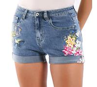Jeans Shorts Damen Mit Stickerei - Jeans Shorts Damen Elegant - Hotpants Zerrissen Kurze Jeanshose Mom Short Bermuda Jeanshosen Kurz Sommer Damenjeans Stretch High Waist Hose Denim Blumen Freizeit