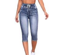 Jeans Shorts Damen Sommer Denim Kurze Hose Casual High Waist 3/4 Hose Slim Fit Elastische Sommershorts Elegant Retro Stoffhose Bauchweg Bermudashorts Destroyed Jeansshort mit Tunnelzug und Taschen