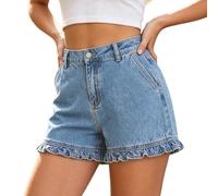 Jeans Shorts Damen Stretch Kurze Hosen Sommer Hotpants High Waist Denim Shorts Y2K Eng Jeansshorts mit Used-Look Casual Kurz Jeanshose Normal geschnitten Jeans-Short Kurzhose mit Taschen (Sky Blue, L)