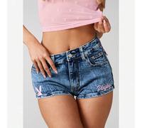 Jeans-Shorts mit Hase Logo Aufdruck - Festival Sommer Lässig Vintage gewaschen