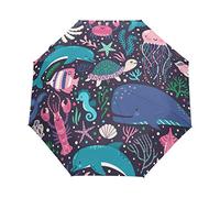 Jeansame Regenschirm, Motiv: Schildkröte, Delfin, Quallen, Seestern, Ozean, Meer, Wasserleben, faltbar, kompakt, automatisch, für Damen, Herren, Kinder, Jungen, Mädchen, multi, auto open close
