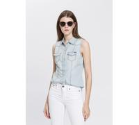 Jeansbluse ARIZONA, Damen, Gr. 44, blau (bleached), Jeans, Obermaterial: 100% Baumwolle, unifarben, Basic, sehr figurbetont, Rundhals, abgesteppte Kante, Blusen Jeansbluse, mit Knöpfen in Perlmuttopti