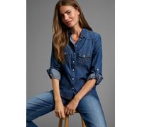 Jeansbluse ARIZONA "mit Druckknöpfen in Perlmuttoptik", Damen, Gr. 38, blau (dk blau used), Jeans, Obermaterial: 100% Baumwolle, Basic, figurbetont, mit Druckknöpfen, Blusen Jeansbluse, und Krempelärm