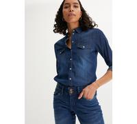 Jeansbluse BONPRIX, Damen, Gr. 50, blau, Denim/Jeans, Obermaterial: 100% Baumwolle, Abriebeffekte, unifarben, schmal normal, 1-Knopf-Manschette krempelbar, Blusen Jeansbluse, schmale Passform, aus rei