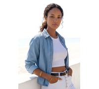 Jeansbluse BUFFALO "mit Brusttasche aus reiner Baumwolle", Damen, Gr. 34, blau, Denim/Jeans, Obermaterial: 100% Baumwolle, washed, figurumspielend taillenbedeckt, 1-Knopf-Manschette, Blusen Jeansbluse