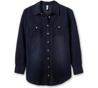 Jeansbluse SHEEGO, Damen, Gr. 52, blau (dunkelblau denim), 100% Baumwolle, unifarben, V-Ausschnitt, Blusen Jeansbluse (82379109-52) dunkelblau denim