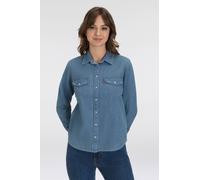 Jeansbluse LEVI'S "ESSENTIAL WESTERN", Damen, Gr. L (40), blau (play break), Denim/Jeans, Obermaterial: 91% Baumwolle, 9% Leinen, Basic, figurbetont hüftbedeckend, eckige 1-Knopf-Manschette mit Schlit