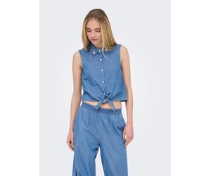 Jeansbluse ONLY "ONLBRIAR S/L PEARL KNOT SHIRT DNM QYT", Damen, Gr. L, blau (medium blau denim), Denim/Jeans, Obermaterial: 100% Baumwolle, unifarben, normal, Blusen Jeansbluse, Baumwolle (48992204-L)