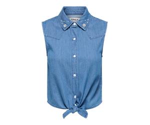 Jeansbluse ONLY "ONLBRIAR S/L PEARL KNOT SHIRT DNM QYT", Damen, Gr. S, blau (medium blau denim), Denim/Jeans, Obermaterial: 100% Baumwolle, unifarben, normal, Blusen Jeansbluse, Baumwolle (48992204-S)