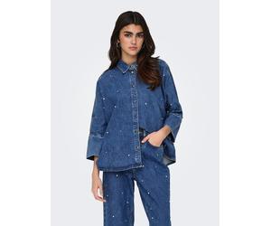 Jeansbluse ONLY "ONLGRACE 3/4 RHINESTONE MB DNM SHIRTNOOS", Damen, Gr. S, blau (medium blau denim), Web, Obermaterial: 100% Baumwolle, unifarben, oversize, Blusen Jeansbluse, mit Strasssteinen (450764