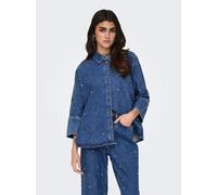 Jeansbluse ONLY "ONLGRACE 3/4 RHINESTONE MB DNM SHIRTNOOS", Damen, Gr. XS, blau (medium blau denim), Web, Obermaterial: 100% Baumwolle, unifarben, oversize, Blusen Jeansbluse, mit Strasssteinen (45076