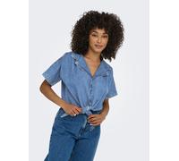 Jeansbluse ONLY "ONLPAULA S/S TIE SHIRT DNM AKM", Damen, Gr. L, blau (medium blau denim), Denim/Jeans, Obermaterial: 100% Baumwolle, unifarben, regular fit kurz, Blusen Jeansbluse, Baumwollmischung, r