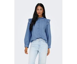 Jeansbluse ONLY "ONLPIPER L/S EMB FRILL DNM SHIRT QYT", Damen, Gr. S, blau (medium blau denim), Web, Obermaterial: 65% Baumwolle, 35% Lyocell, unifarben, regular fit normal, Blusen Jeansbluse, mit Rüs