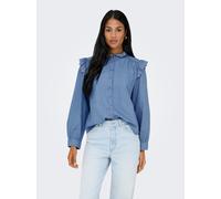 Jeansbluse ONLY "ONLPIPER L/S EMB FRILL DNM SHIRT QYT", Damen, Gr. XS, blau (medium blau denim), Web, Obermaterial: 65% Baumwolle, 35% Lyocell, unifarben, regular fit normal, Blusen Jeansbluse, mit Rü