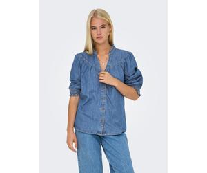 Jeansbluse ONLY "ONLRAYA 3/4 SHIRT DNM AKM NOOS", Damen, Gr. S, medium blau denim, Denim/Jeans, Obermaterial: 100% Baumwolle, unifarben, regular fit hüftlang, V-Ausschnitt, Blusen Jeansbluse, mit Rüsc