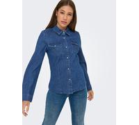 Jeansbluse ONLY "ONLSASIA L/S RHINESTONE DNM SHIRT AKM", Damen, Gr. S, blau (medium blau denim), Denim/Jeans, Obermaterial: 75% Baumwolle, 23% Polyester, 2% Elasthan, unifarben, 1-Knopf-Manschette, Bl